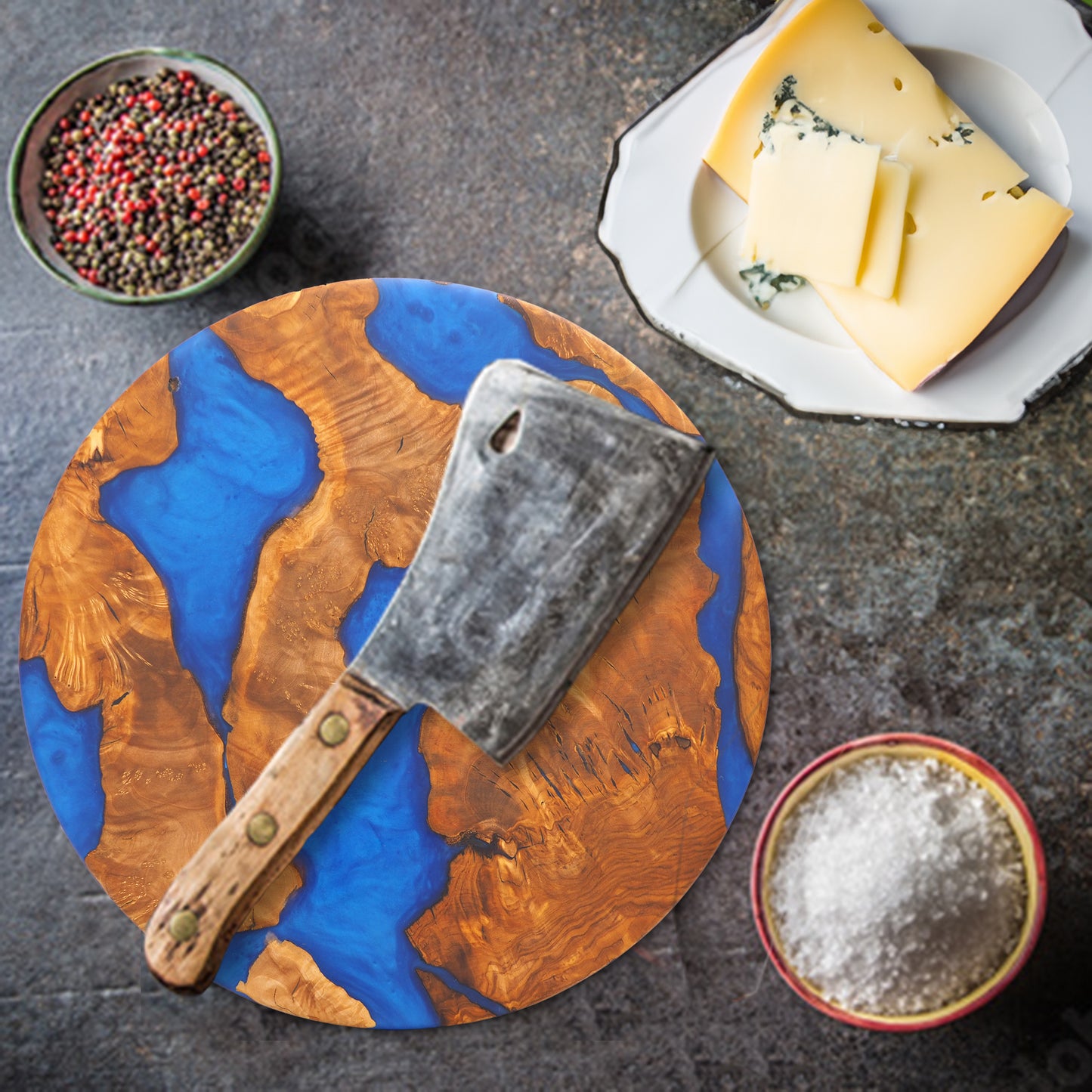 Wood Round Charcuterie Board Blue Resin