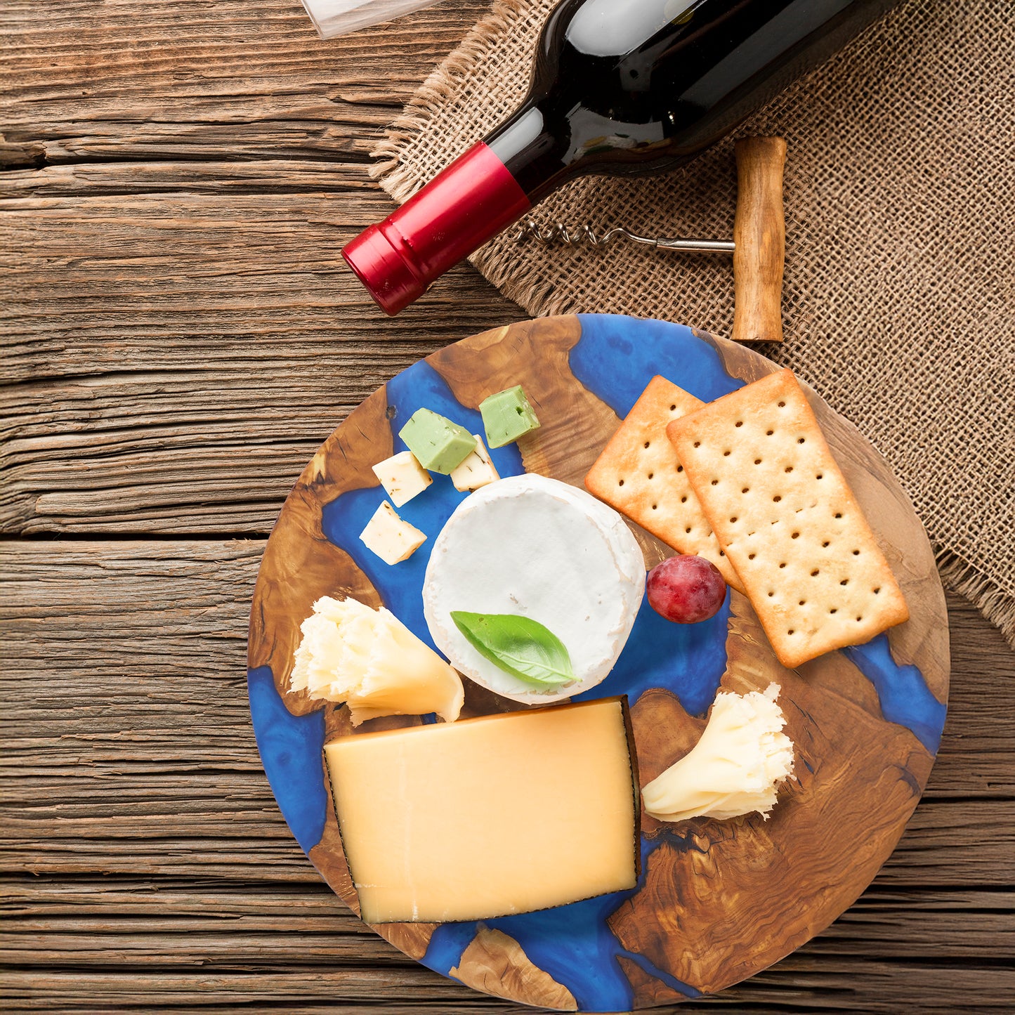 Wood Round Charcuterie Board Blue Resin
