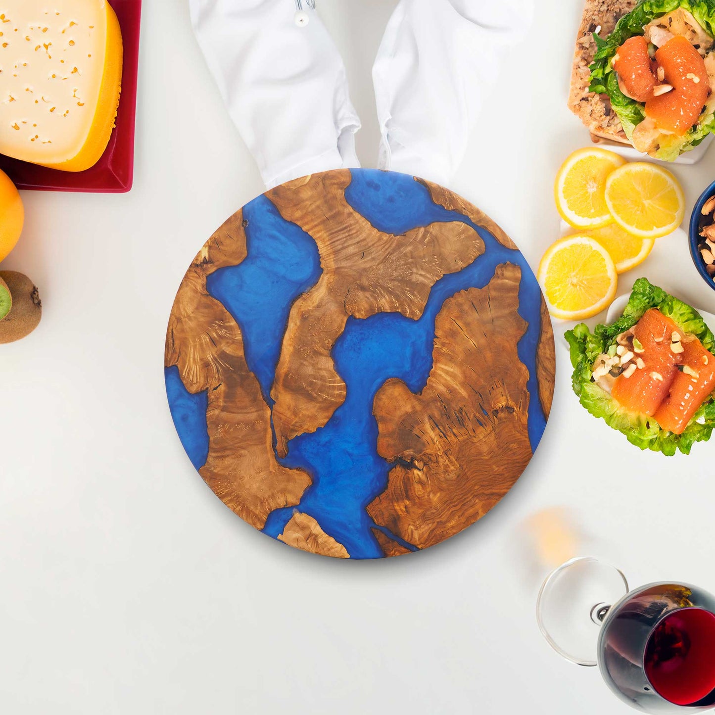 Wood Round Charcuterie Board Blue Resin